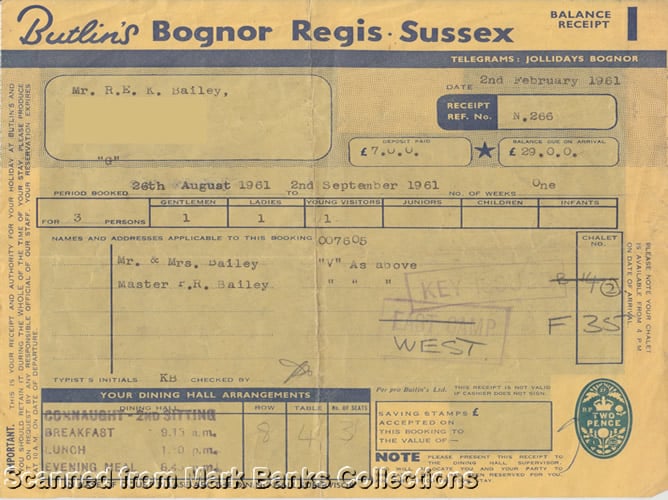 Butlins Bognor Regis Receipt