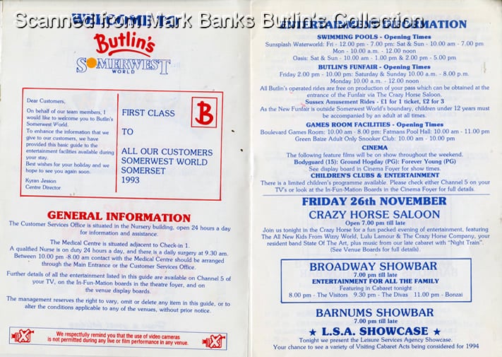 Butlins Minehead 1993 Guide